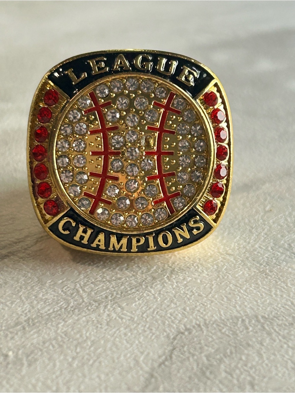 League Champions Rhinestone Baseball Lapel Pin - Gold & Red